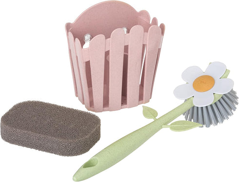 Vigar Florganic 3-Piece Sink Caddy Set, Eco-Friendly Daisy-Shaped Dish Brush, Sponge & Holder with Suction Cup (Pink)