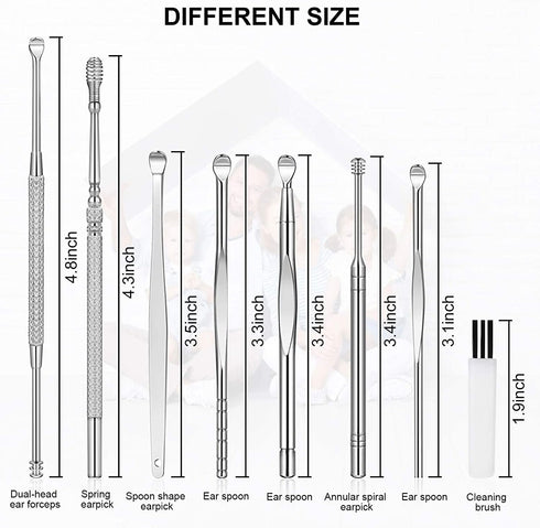 Ear Pick Ear Curette Earwax Removal Tool Kit - 8 Pcs Stainless Steel Hygiene Care Sets