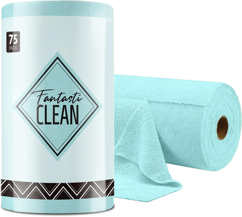Microfiber Cleaning Cloth Roll - 75 Pack, Tear Away Towels, 12" x 12", Reusable Washable Rags (Blue)