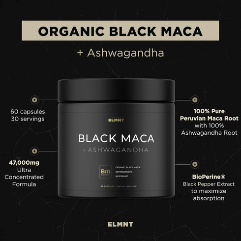 ELMNT Organic Black Maca Root 40,000mg - 60 Pills with Ashwagandha, Highest Potency Maca Capsules for Men