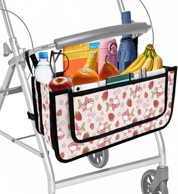 Hechitok Shark Strawberry Walker Bag, Handy Rollator Basket Water Cup Holder, Walker Accessories