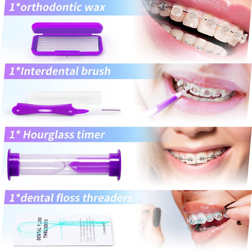 Annhua Braces Kit Cleaning Tools Boxed 8 Pack for Orthodontic, Portable Travel Dental Pick Tool Set for Braces, Purple