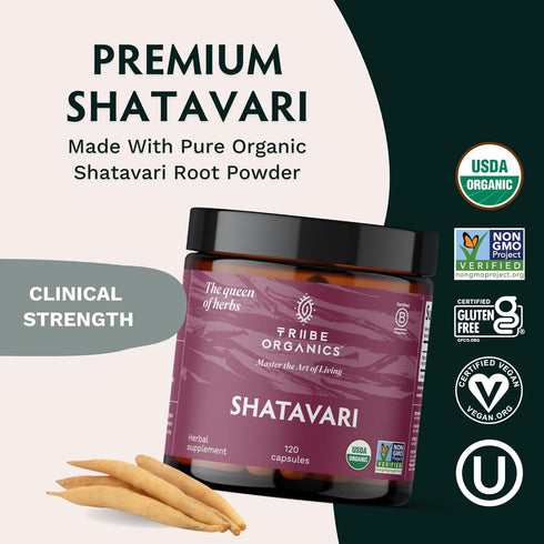 TRIBE ORGANICS Organic Shatavari Herbal Supplement for Hormonal Balance, Women’s Reproductive Health, Lactation - 120