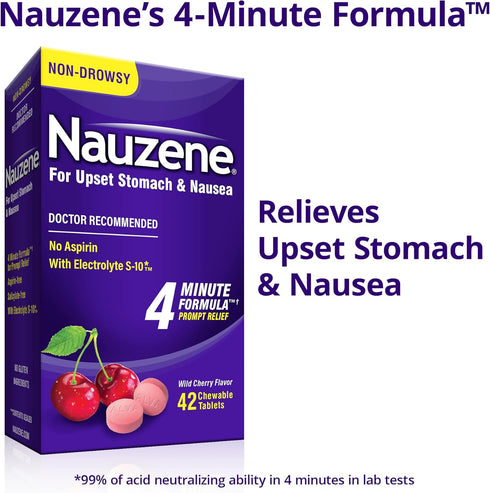 Nauzene Upset Stomach & Nausea Chewable Tablets - Wild Cherry Flavor, 42 Count