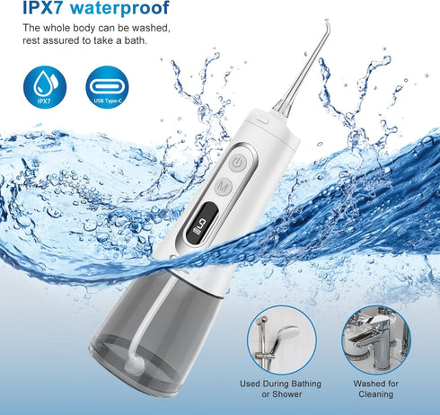 JNGOODS Water Dental Flosser, 300ml Rechargeable Oral Irrigator, IPX7 Waterproof, 9 Modes, Travel Home Use (White)