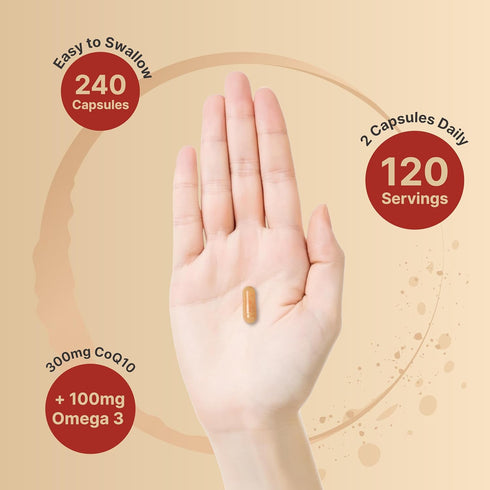 CoQ10 (Ubiquinone) 300mg with Omega 3 Fatty Acids | 240 Capsules | Antioxidant Support for Heart & Energy Health