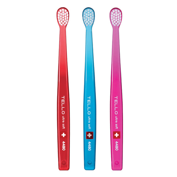 TELLO 4480 Adult or Child Ultra Soft Swiss Toothbrush, Smaller Head for Gentle Cleaning, Ergonomic Handle, 3 Count