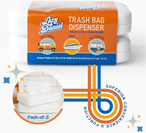 4-Gallon Trash Bag Dispenser for Bathrooms, Bedrooms, Offices, 2-Pack with 25 Bags Per Unit, 50 Bags Total
