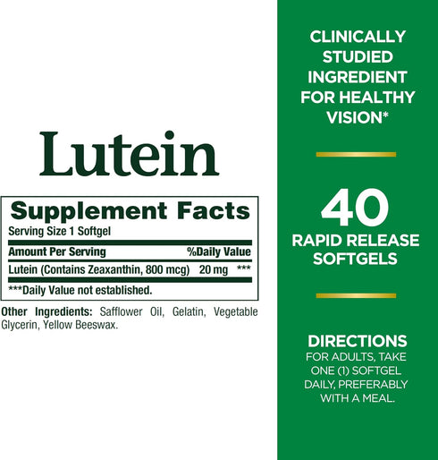 Nature's Bounty Lutein Pills, Eye Health Supplements, 20 mg, 40 Softgels for Vision Health