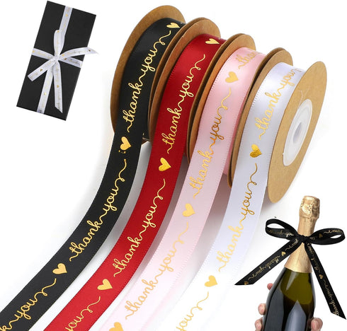 VIDELLY 4 Rolls Thank You Ribbons for Gift Wrapping, 3/5'' x 40 Yards Polyester Satin for Party Decorations
