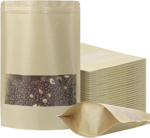 100 Pcs Resealable Kraft Paper Bags, Stand Up Pouches with Matte Window, Zip Lock Food Storage Bags (Kraft Paper,