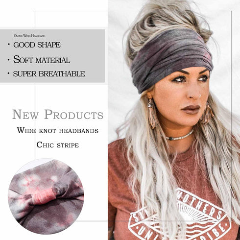 Olbye Women Wide Headbands Pack of 6, Knotted Tie Dye Turban Hair Wraps, Non-Slip Elastic Boho Sports Accessories