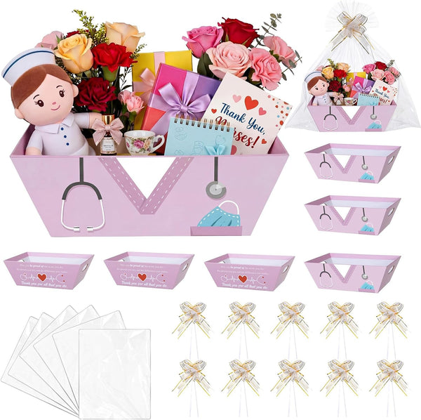 Reallnaive 6 Sets Nurse Appreciation Empty Gift Baskets with 6 Pcs 9.8x6.5 Inches