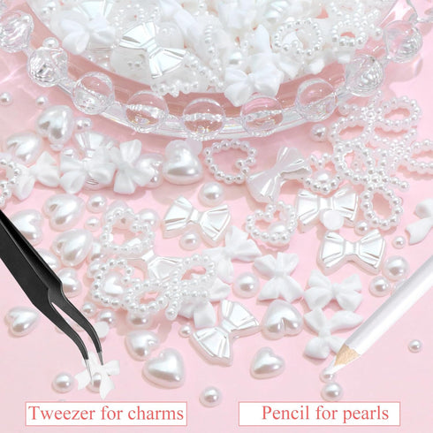 RODAKY Bow Nail Charms, White Heart Charms for 3D Bowknot Nail Art, Cute Kawaii Nail Decoration Accessories