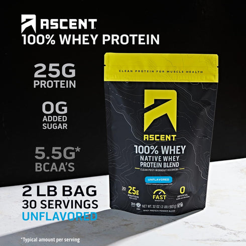 Ascent 100% Whey Protein Powder, Unflavored, 2 lb, Post Workout Whey Protein Isolate, Gluten Free