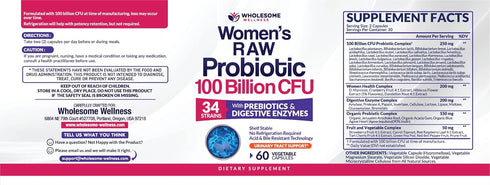 Wholesome Wellness Dr. Formulated Raw Probiotics for Women, 100 Billion CFUs Capsules with Prebiotics