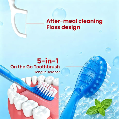 JASUNLEE 30Pack 5-in-1 Disposable Toothbrushes with Toothpaste Tongue Scraper Floss Pick Mini Portable Pre-Pasted