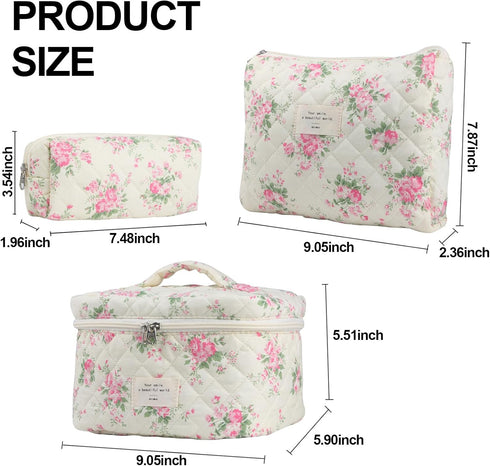 Cute Makeup Bag for Women - 3 Pcs Quilted Floral Coquette Aesthetic Travel Cosmetic Bags (Pink Flower)