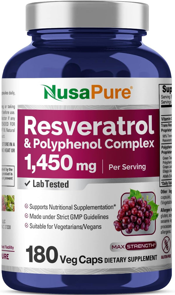 NusaPure Resveratrol & Polyphenol Complex, 1450mg - 180 Vegetarian Caps (Non-GMO, Vegan)