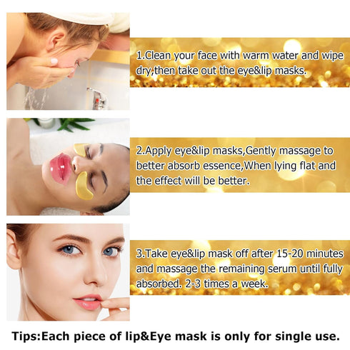 Jakuva 30 Pairs Lip Masks & Eye Masks - Gold Under Eye Patches for Puffy Eyes, Anti-Aging and Moisturizing Care