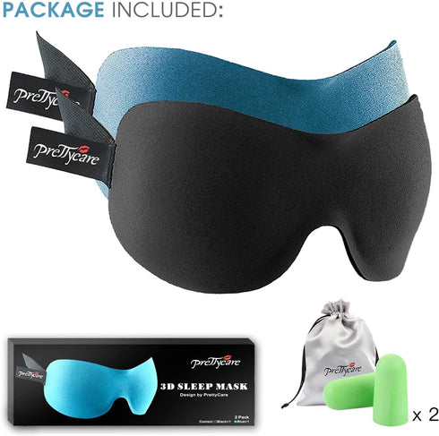 PrettyCare 3D Sleep Mask 2 Pack, Eye Mask for Side Sleeper, Blackout Blindfold with Ear Plugs, Night Masks