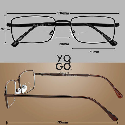 Yogo Vision Bifocal Reading Glasses, 2 Pack Metal Full Rim Readers, Rectangle Glasses for Men and Women