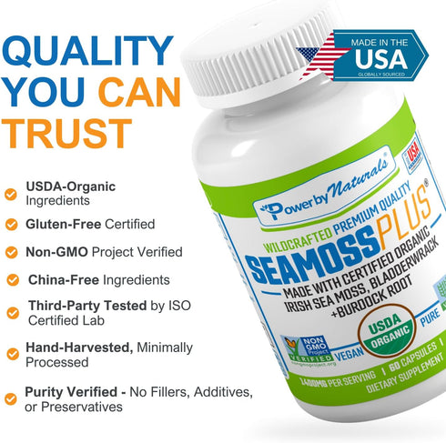 Power By Naturals Sea Moss Plus - USDA Organic Irish Sea Moss Capsules with Bladderwrack & Burdock Root - 60Ct