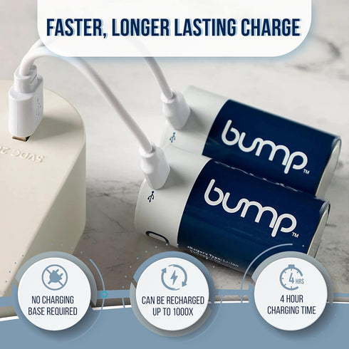 bump D 1.5V Rechargeable Batteries, 2 Pack, Lithium Ion, High Output, Charger Cable Included