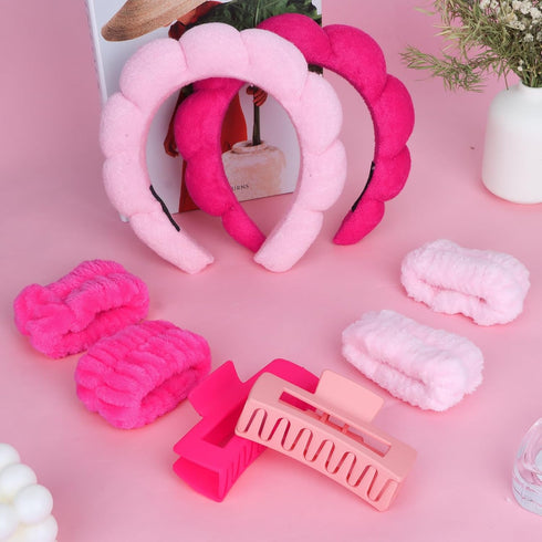 Wecoe Spa Headband and Wristband Set, Pink Rose Red, Cute Puffy Sponge Bubble Makeup Headband, Hair Claw Clips, Wrist