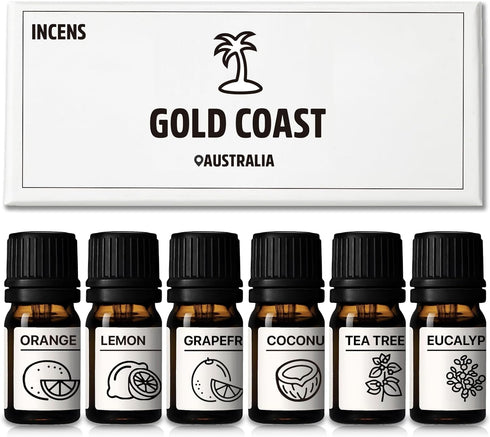 Essential Oils Set Gold Coast Series, Set of 6 Pure Oils - Sweet Orange, Grapefruit, Coconut, Tea Tree, Eucalyptus