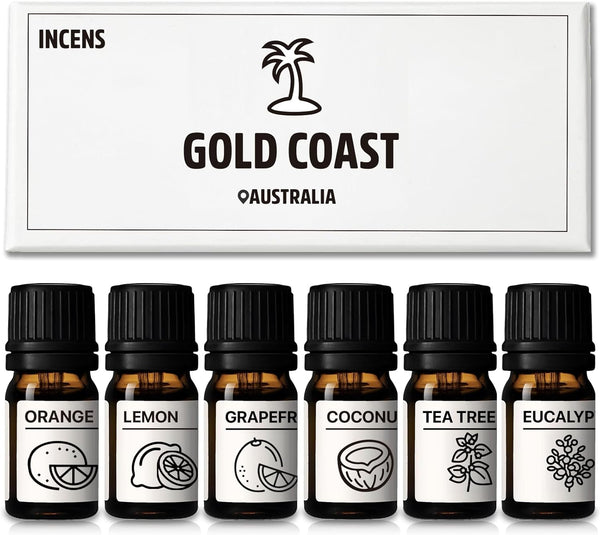 Essential Oils Set Gold Coast Series, Set of 6 Pure Oils - Sweet Orange, Grapefruit, Coconut, Tea Tree, Eucalyptus