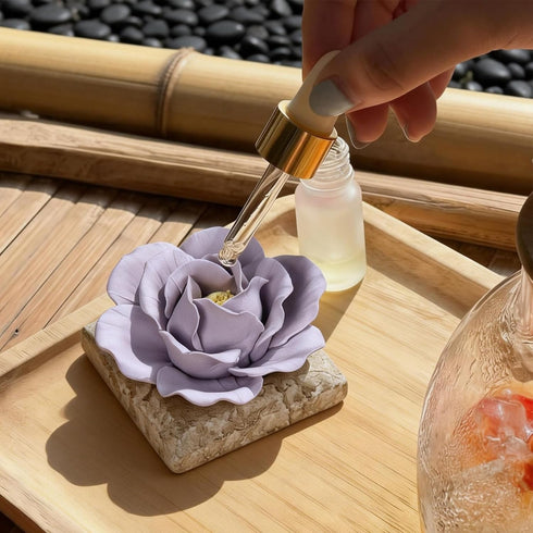 Iryanthos Ceramic Passive Essential Oil Diffuser, Aesthetic Desktop Handmade Flower & Concrete Base, Porcelain