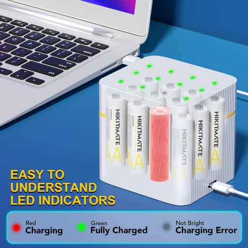 HIKITMATE 12 Pack 1.2V 2800mAh 1600 12 Rechargeable AA Batteries with Charger, Ni-MH Double A Batteries, Cycles, Type-C