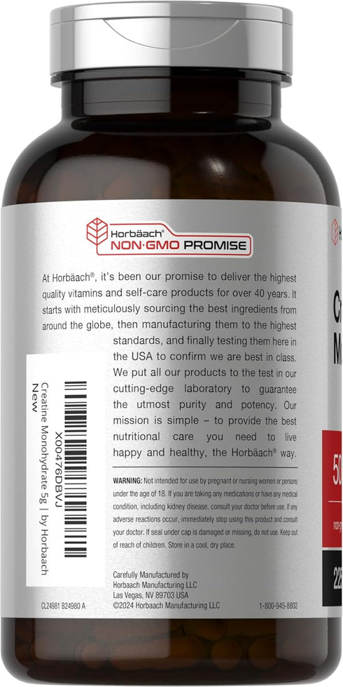 Horbaeach Creatine Monohydrate | 5g | 225 Capsules, Non-GMO, Gluten Free Supplement