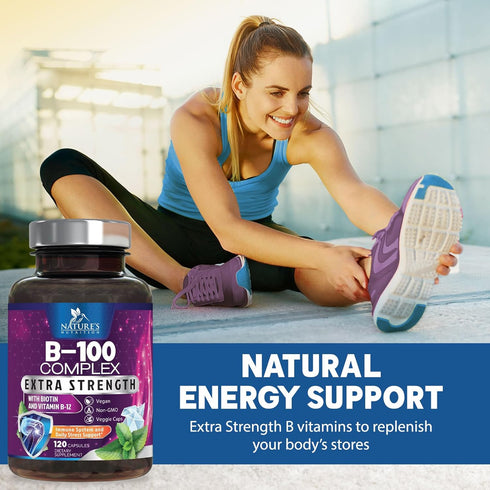 B Complex Vitamins with Folate, 120 Vegan Capsules, Energy, Brain & Immune Support for Women & Men