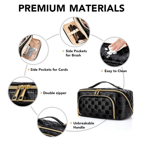 stona Travel Makeup Bag for Women, Large Capacity Waterproof Checkered Cosmetic Organizer with Divider and Handle, Black