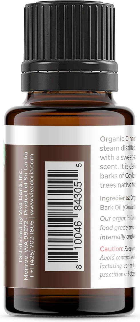 Viva Doria Organic Ceylon Cinnamon Bark Oil - 100% Pure, Natural, Undiluted Food Grade - 15 ml (0.5 Fl Oz)