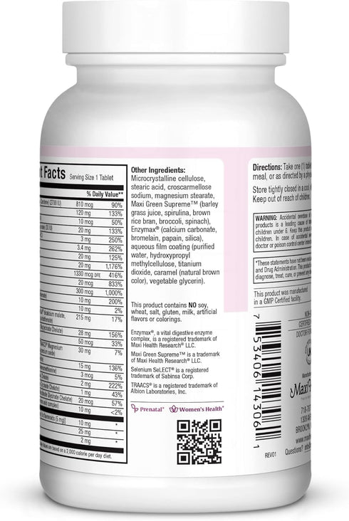 Maxi Health One Prenatal Vitamins with Iron - Enhanced Absorption & Bioavailability, 60 Tablets for Women