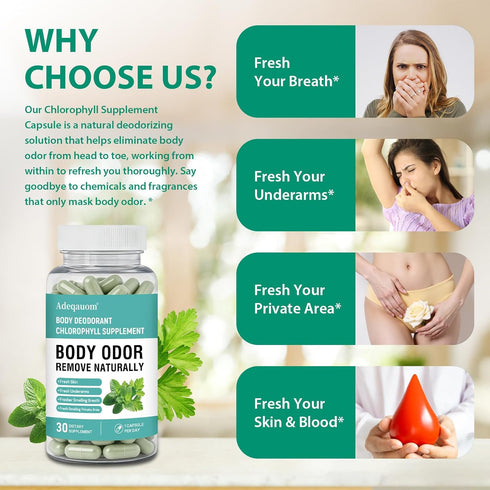 Non-GMO-30 Chlorophyll Capsules Internal Body Deodorant Supplement for Women and Men for Gut Health, Fresh Breath, Skin