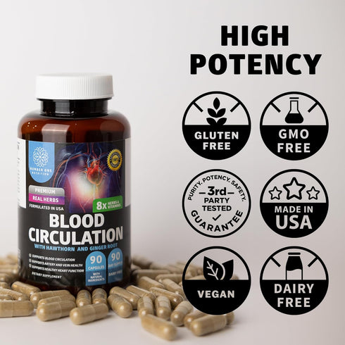 Premium Blood Circulation Supplement for Women and Men, All Natural Blood Flow Support with 8 Powerful Herbs, 90 Caps