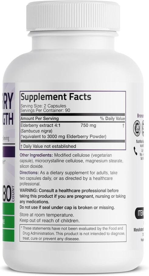 Bronson Elderberry Extra Strength, Supports Healthy Immune System & Antioxidant Protection, Non GMO, 180 Vegetarian Capsules
