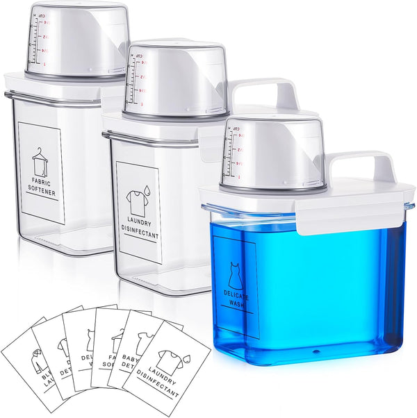 Tatuo 3 Pack Clear Laundry Detergent Dispenser with 6 Removable Labels, 37 oz for Laundry Room Storage