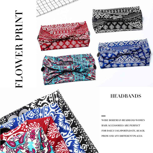 Olbye Leopard Button Headband Wide Elastic Nurse Head Bands Workout Yoga Sports Hair Band Non Slip Turban Headwrap Mask Ear Saver Sweatband Boho Hair Accessories for Women and Girls 4Pcs (#4 Boho)