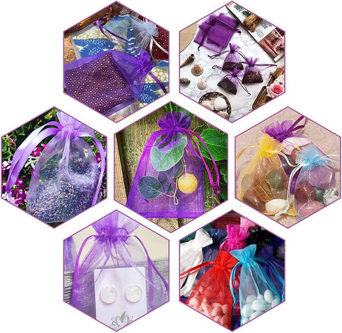 G2PLUS Purple Organza Bags, 4x6 in, 100PCS Drawstring Jewelry Pouches for Mother's Day Party Favors