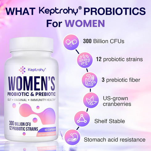 Vaginal Probiotics for Women - 300 Billion CFUs, 12 Strains with Prebiotic, Organic Cranberry Extract, 60 Capsules
