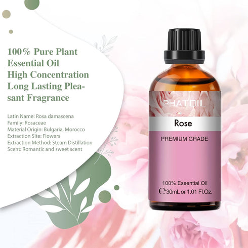 Rose Essential Oil, 1.01Fl.Oz (30ML) PHATOIL Pure Essential Oil Singles for Aromatherapy Diffusers, Humidifiers, Great for DIY Candle and Soap Making, Gift for Friend