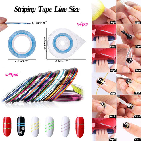 Nail Art Kit with 30 Striping Tape, 4 Striping Roller Box, 12 Colors Rhinestones, 5 Dotting Pens & 15 Brush Set