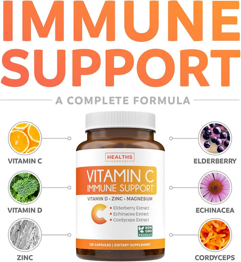 Immune Support Supplement (Non-GMO) Elderberry Vitamin C and Zinc, Vitamin D, Magnesium, Echinacea, Cordyceps - VIT C 500mg Immune System Booster - 120 Vegetarian Capsules (No Pills, Tablets, Gummies)
