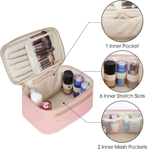 Wandering Nature Makeup Bag, Travel Organizer Cosmetic Brush Case for Women in Eco Vegan Leather, Pink