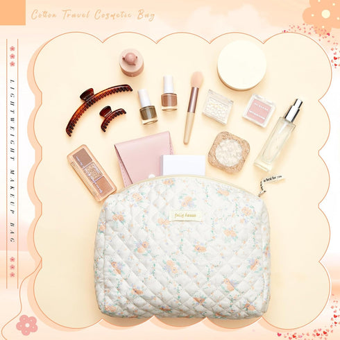 3 Pcs Quilted Makeup Bag, Large Floral Cosmetic Bag, Cute Kawaii Toiletry Pouch with Zipper for Women Gifts (Apricot